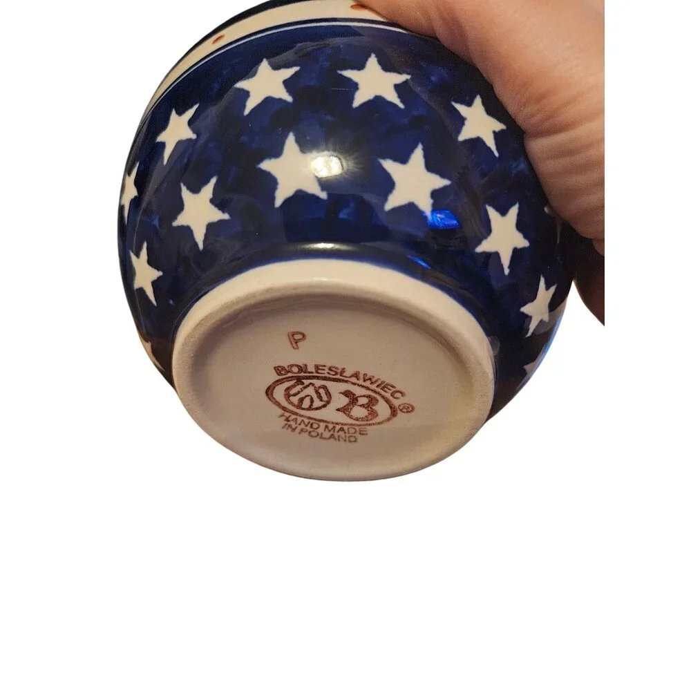 Handmade Boleslawiec Polish Pottery Small Bowl Blue Stars Pattern 5" Diameter - Picture 4 of 4